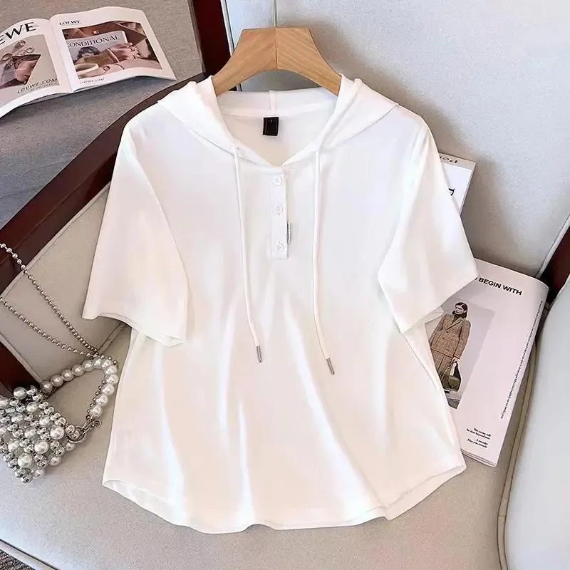 Women's Short Sleeve Hooded Henley Top Casual Button Front Drawstring T-Shirt with Curved Hem