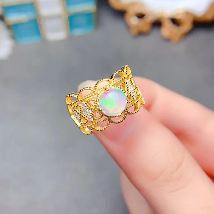 Vintage Sterling Silver Opal Ring 7mm 0.8ct Natural Opal Jewelry Solid 925 Silver Gemstone Ring with 3 Layers 18K Gold Plating