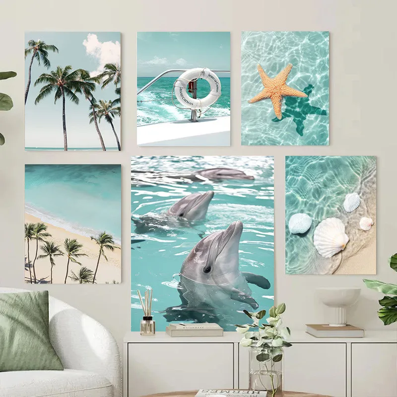 Seaside Landscape Canvas Art  Coconut Tree Whale Shell Nordic Style Poster for Bedroom  Home Decor