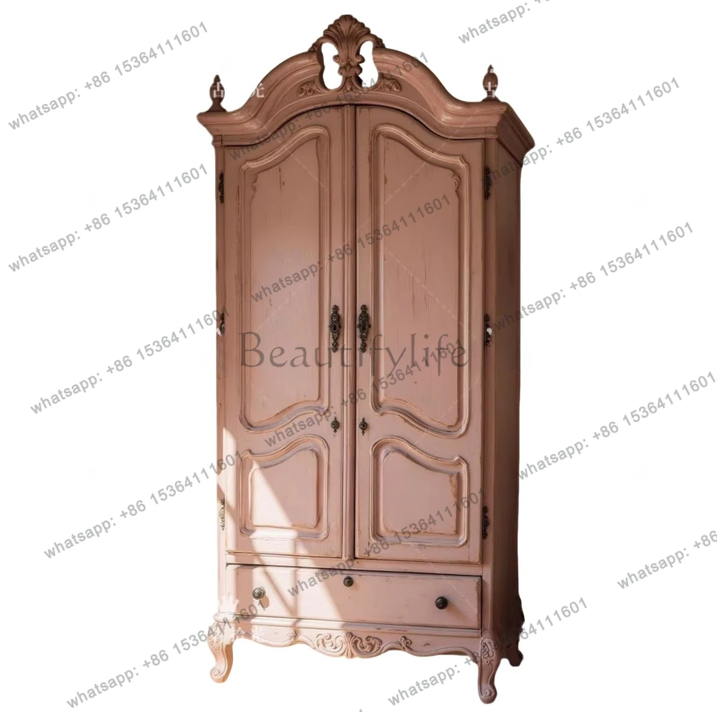 

Vintage French retro solid wood carving flower wardrobe bedroom storage decorative cabinet pink old