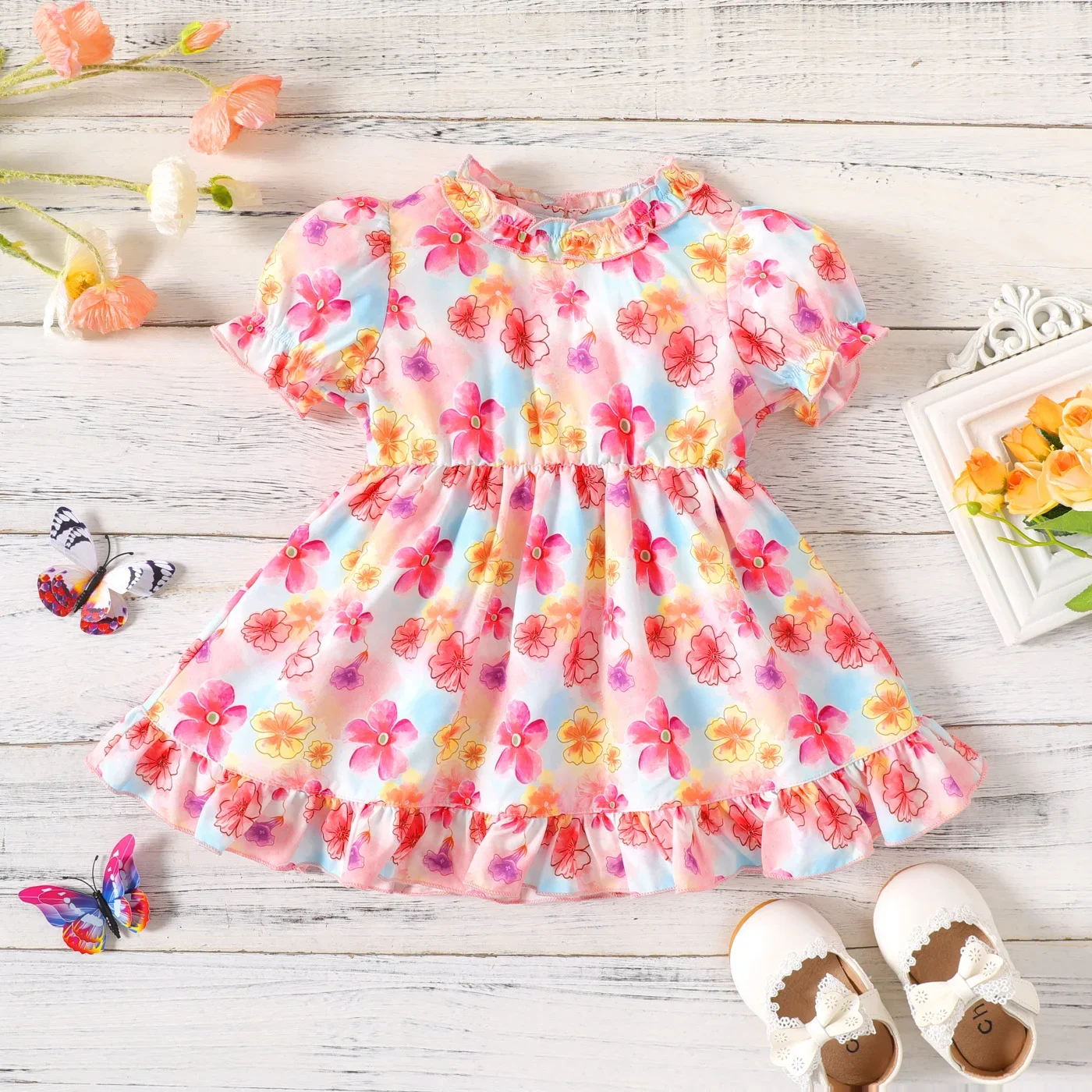 PatPat Baby Girl Allover Flower Print Frill Trim Puff-sleeve Dress Soft and Comfortable  Perfect for Outings and Daily Wear