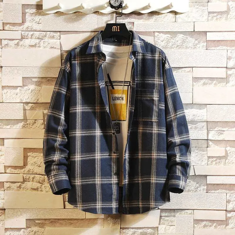 

New Men's Loose Plaid Handsome Longsved Shirt Youth Fashion Spring Thickened Long Sleeve Square Collar French Style PU Leather