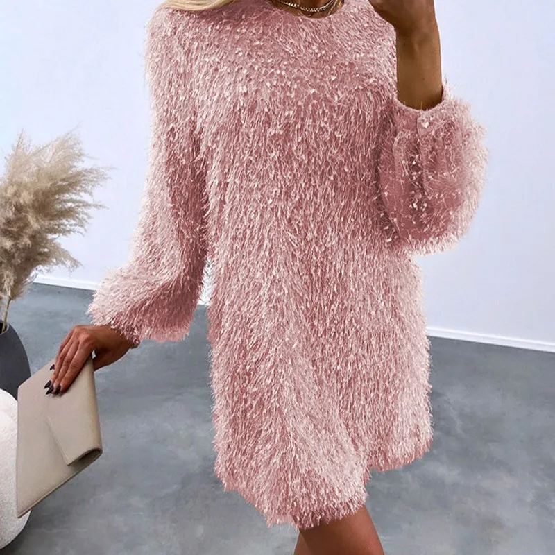 Frauen Mode Plain Flauschigen V-ausschnitt Casual Kleid Pendeln Weibliche Kleidung Winter Frau Lose Elegante Fransen Mini Kleider