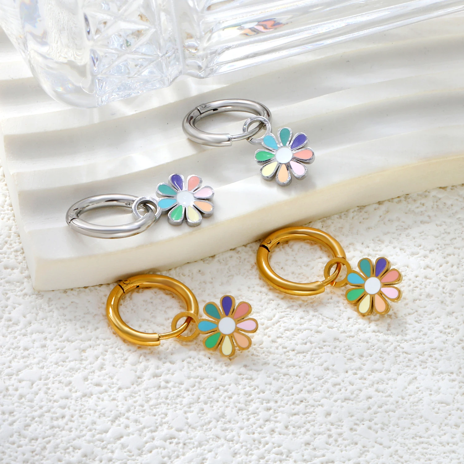 ASONSTEEL Colorful Flower Heart Star Drop Earrings Stainless Steel Golden Crystal Hoop Earring For Women Jewelry Gift Delicate
