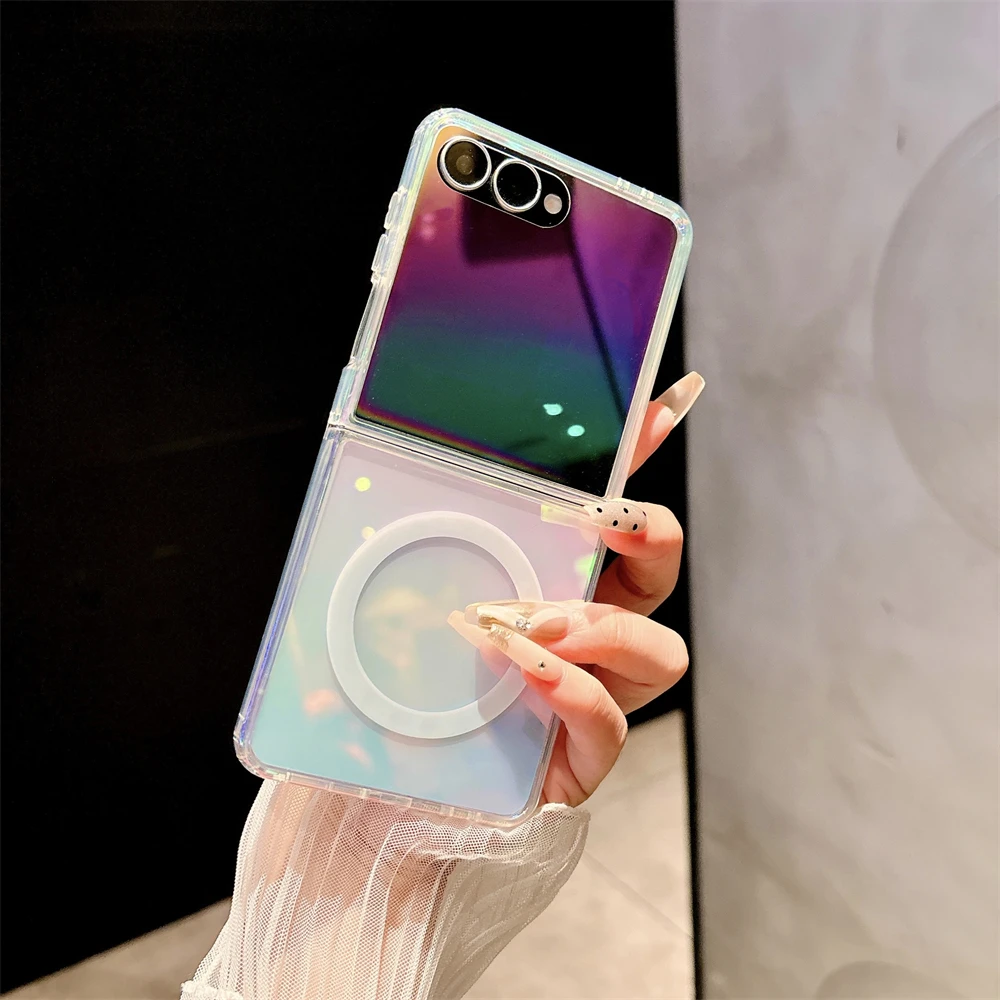 เลเซอร์สายรุ้งสีสําหรับ Magsafe Magnetic Wireless Charge สําหรับ Samsung Galaxy Z Flip 7 6 5 4 3 Fold7 6 5 4 ฝาครอบโปร่งใส