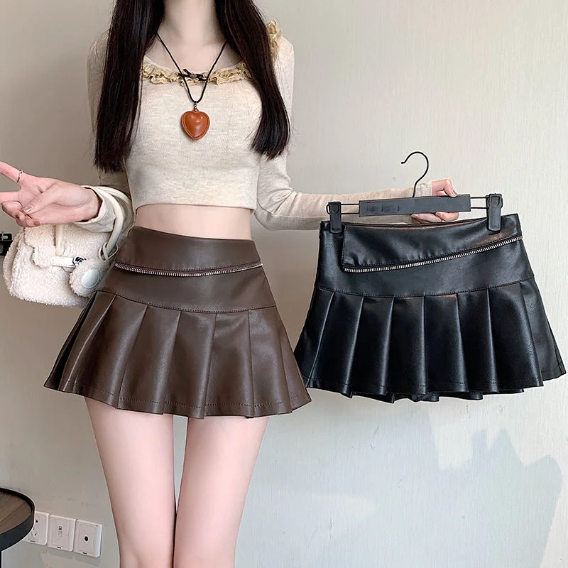 

Y2K Black PU Leather Pleated Skirt High Waist Zipper A-line Vintage Korean Style Anti-light Autumn Women's Fashion Mini skirt