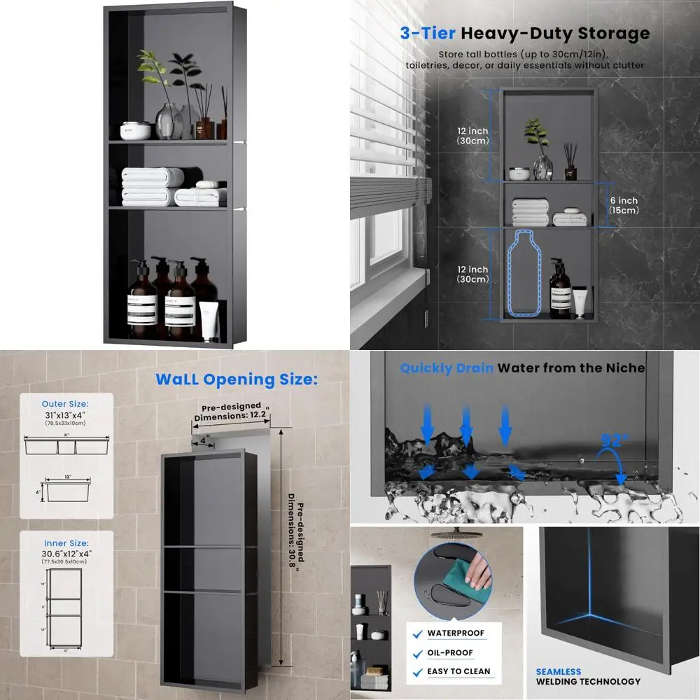 

12x30x4 Dark Grey 3-Layer Stainless Steel Shower Recessed Shelf, No Tile Required for Bathroom Storage Wall Niche