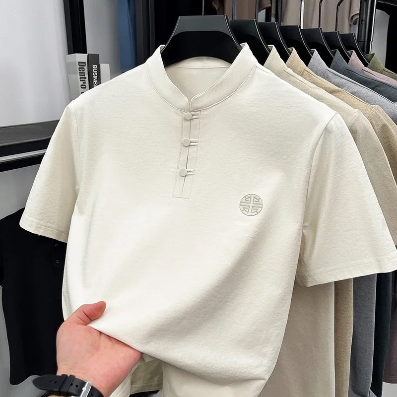 T-shirt classique pour homme à col mandarin, manches courtes, tissu doux et confortable avec logo br