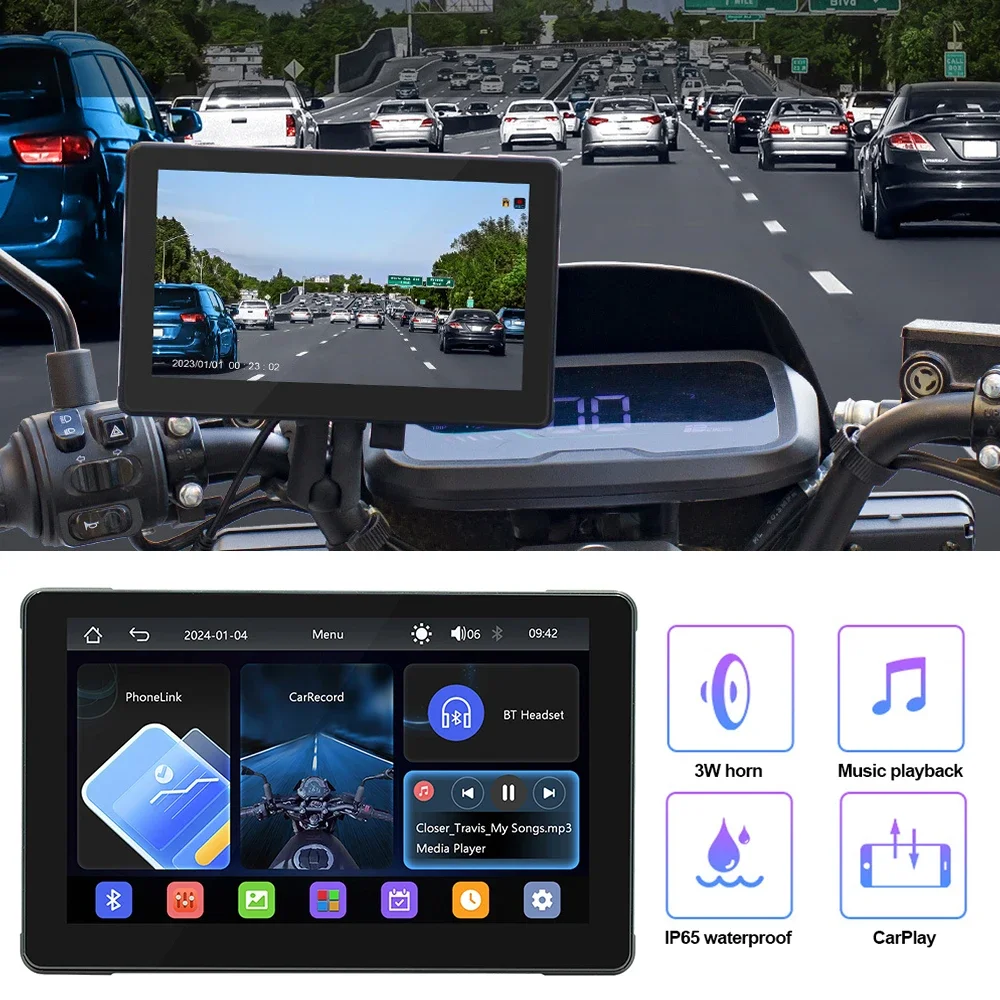 7 Inch Motorcycle Navigation IPS GPS Wireless Apple Carplay Android Auto Motorcycle BT IP67 Waterproof Touch Screen Display