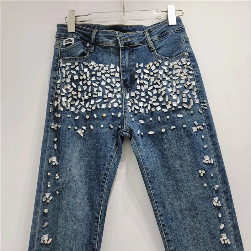 Diamond Jeans Women New Autumn Rhinestone Slim Fit Heavy Industry Manual Beaded Cotton Stretch Skinny Denim Pants Lady Trousers