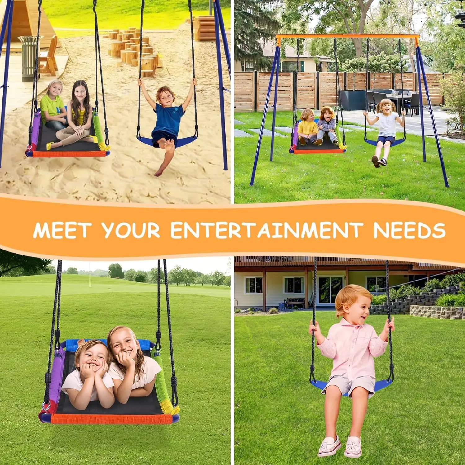 Swing Set for Backyard, Swing Set with Heavy-Duty A-Frame Metal Outdoor Stand, 1 Rectangle Platform Swing Seat & 1 Kids Swings S