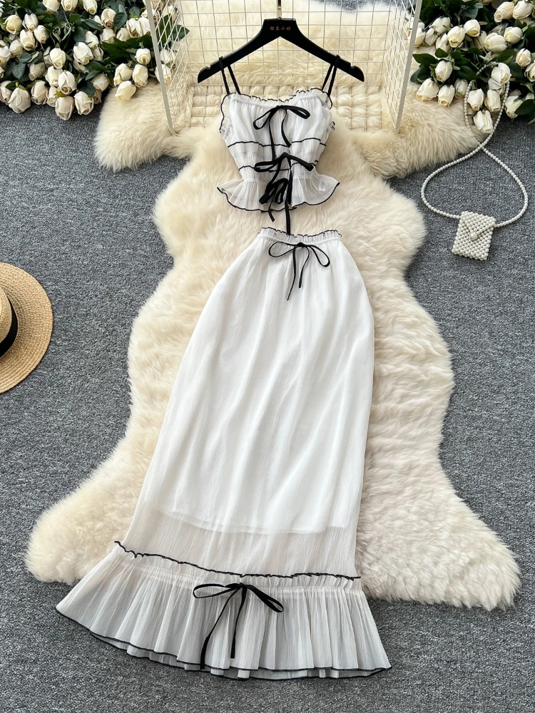 

Women Sleeveless Bandage Irregular Hem Tops + Elasitc Waist Slim Skirt Light Luxury Spliced Mesh French style 2 Piece Set