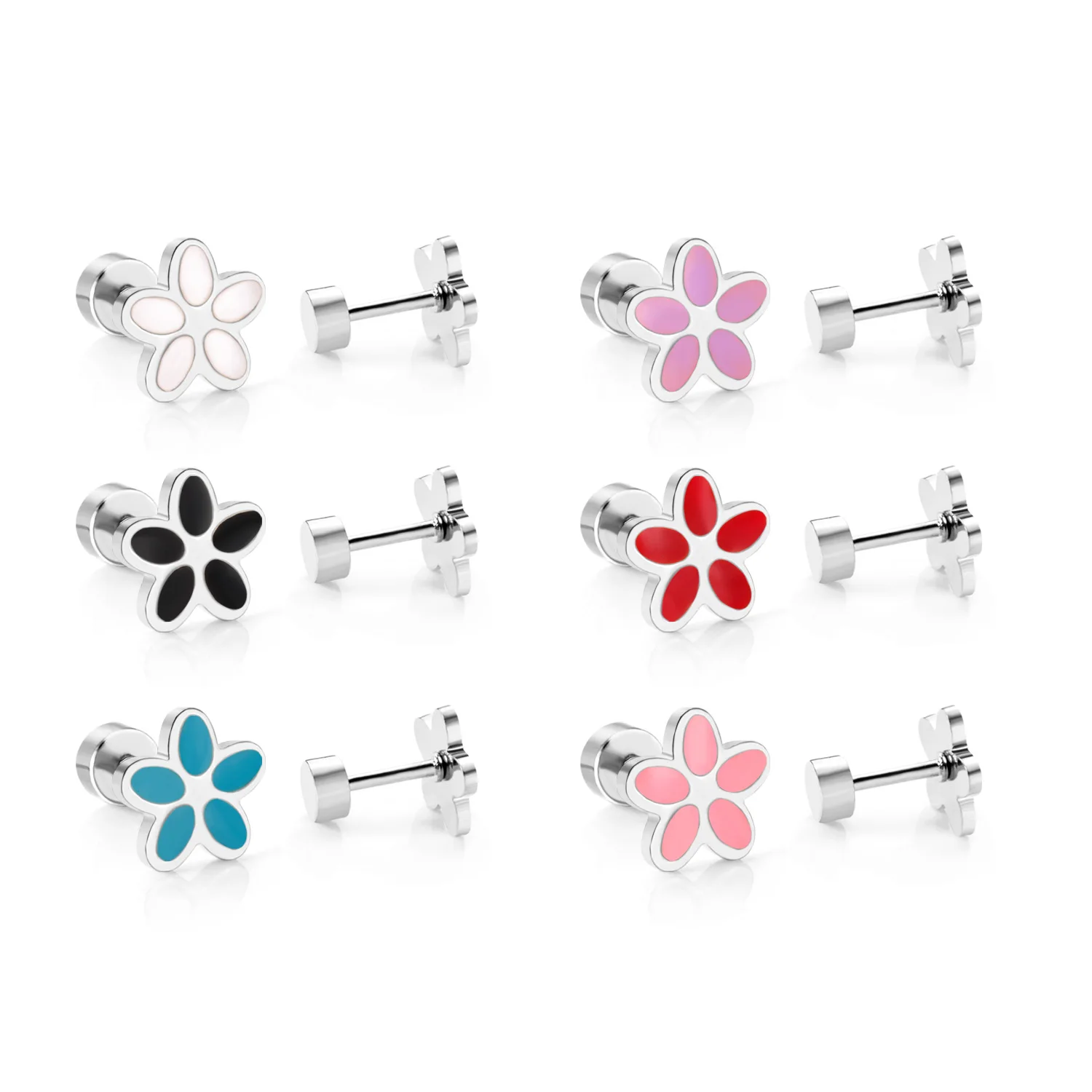 LUXUSTEEL 12 Pairs/Lot Stainless Steel Stud Earrings For Women Crystal CZ Flower Heart Colorful Cute Ear Jewelry Wholesale