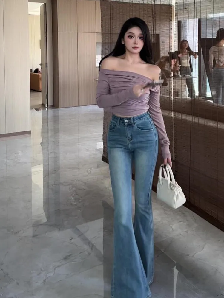 

New 2025 Light Blue Micro Flare Stretchy Jeans High Waist Casual Loose Fit Women's Denim Pants Cotton Elastic Long Trousers