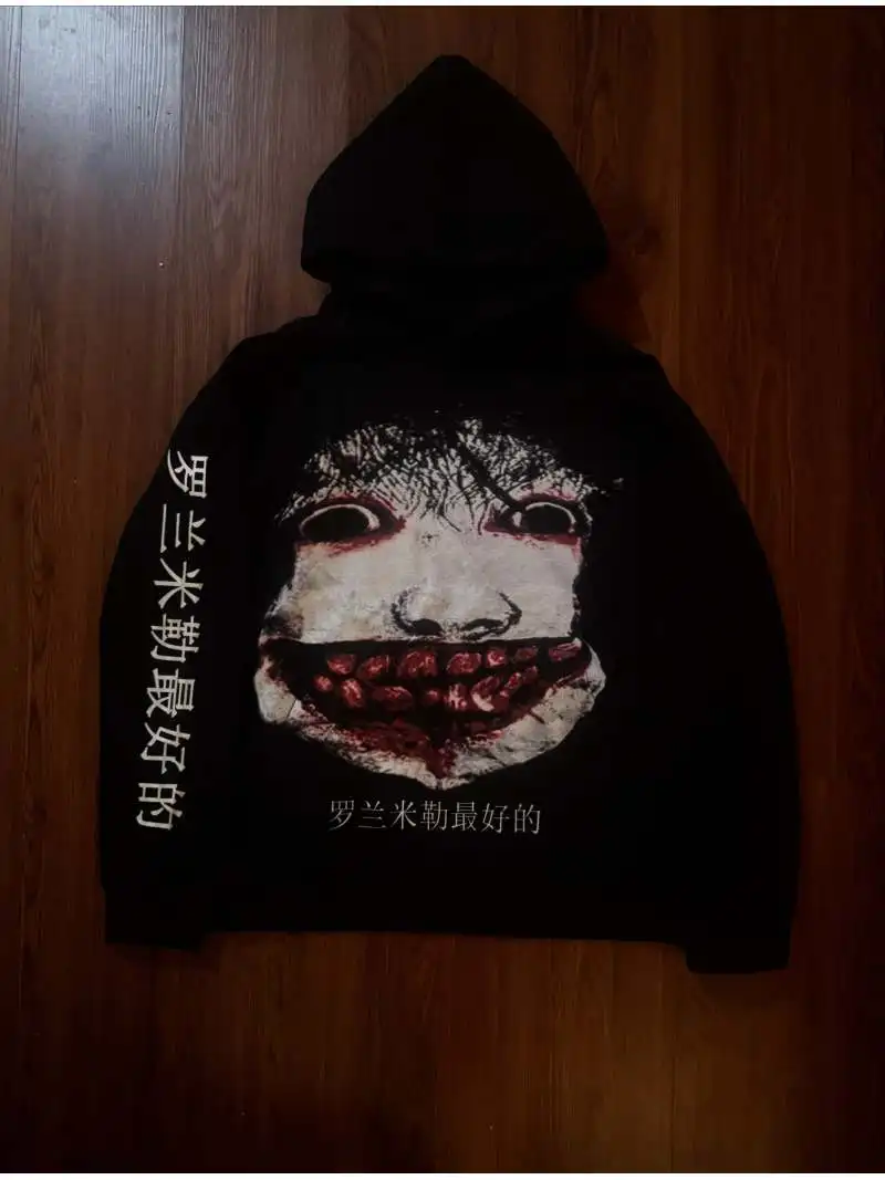 Women Black Horror Face Print Hoodie, Chinese Text Print Dark Alt Loose Pullover Sweatshirt