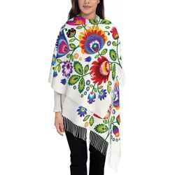 Custom Poland Folk Flowers Scarf Wrap Women Long Winter Warm Tassel Shawl Unisex Polish Floral Art Scarves