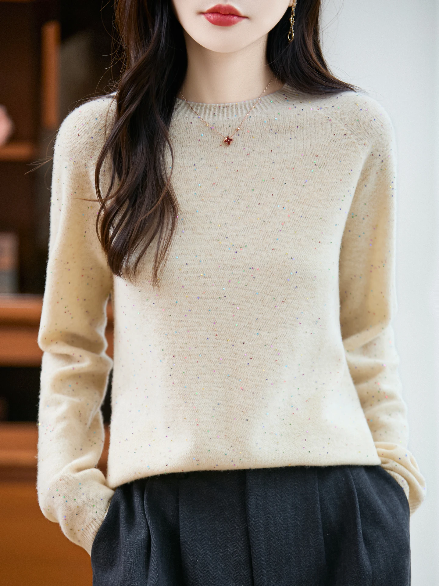 

Beads Pullover Sweater Women's O-Neck 100% Merino Wool Knitwear Autumn Winter Warm Soft Solid Casual Loose Clothing Tops