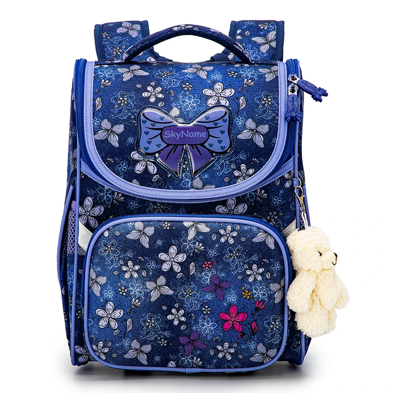 New Children School Bags For Girls Navy Blue Floral Print Orthopedic Backpacks Kids Knapsack 1 Grade Students Bookbag mochilas