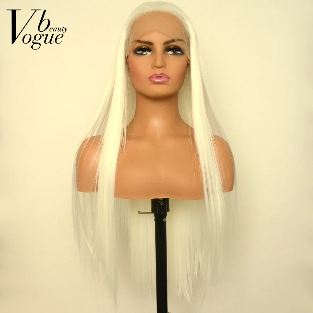 Voguebeauty 13×3 Lace Platinum White Synthetic Lace Front Silky Straight Wig Heat Resistant Fiber Cosplay For Women