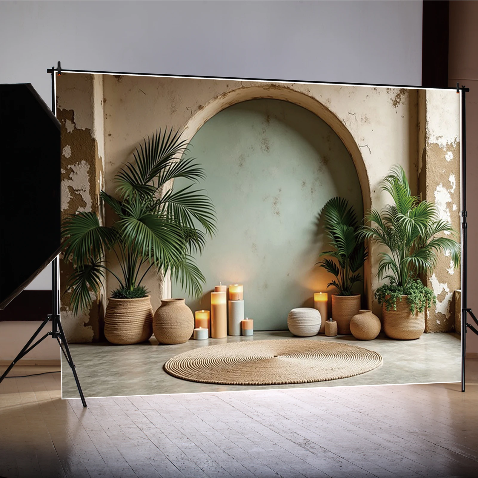 MOON.QG قوس جدار البوهيمي غرفة داخلية بامباس العشب خلفية خلفية التصوير الفوتوغرافي للأطفال النساء صورة عيد ميلاد فوتوبوث