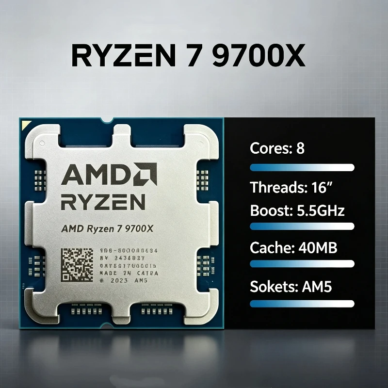 AMD Ryzen 7 9700X Desktop Processor 8‑Core 16‑Thread 4NM 32M L3 Cache 3.8GHz 65W Socket AM5 DDR5 PCIe5.0 without fan