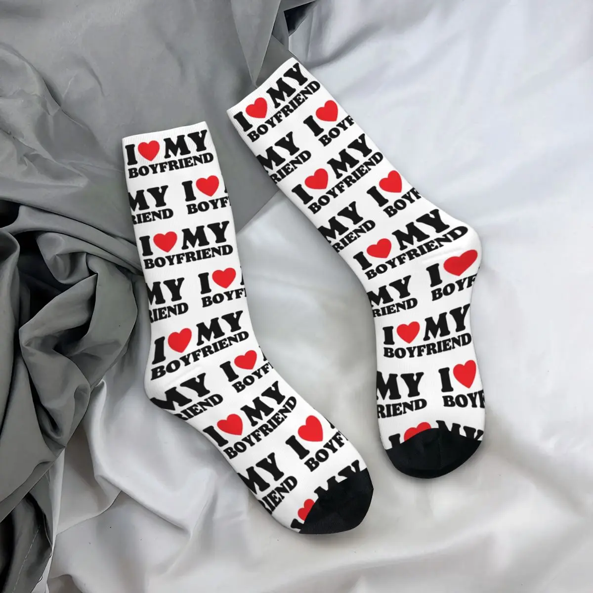 I Love My Boyfriend Lover Couple Merchandise Men Women Socks Flexible Valentines Sport Middle Length Socks Cute Present