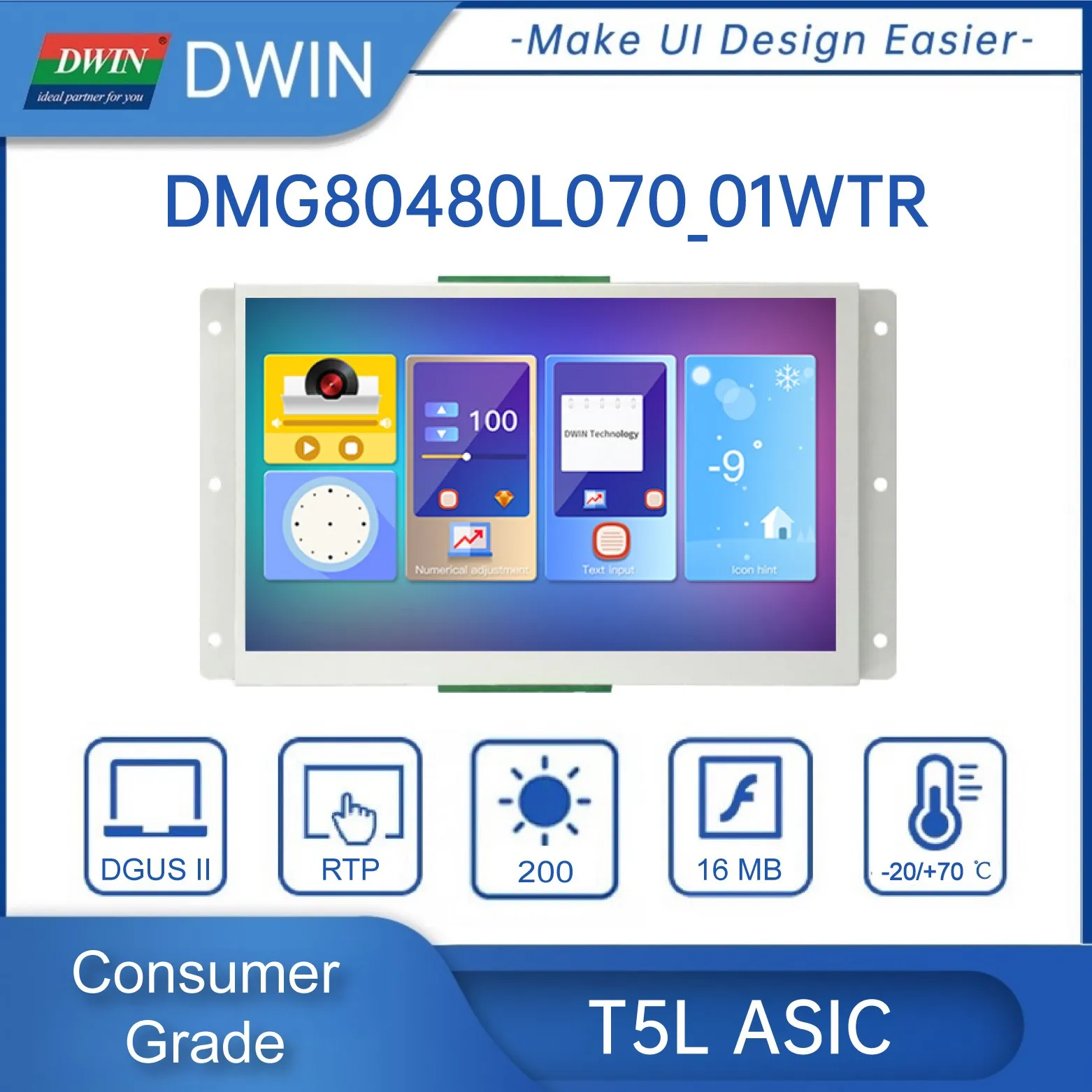 DWIN 7.0 Inch Display LCD HMI Intelligent Module, Resistive Touch Panel, 800*RGB*480, Consumption Grade - DMG80480L070_01WTR