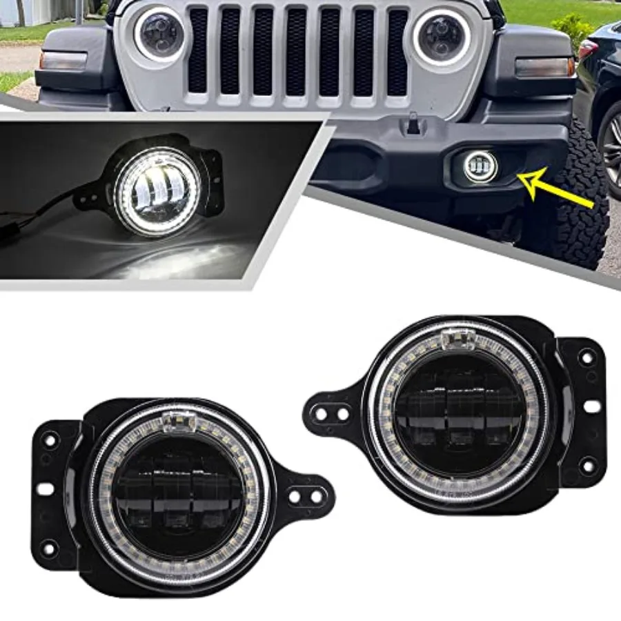 

2Pcs Round Halo LED Fog Lights for J'eep Wrangler JL JLU 2018up Sport SportS Bumper OEM Factory Fog Lamp Replacement with Xenon