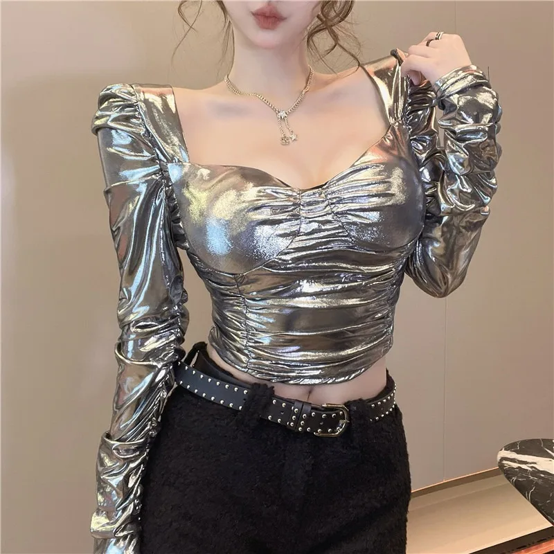 Square Collar Ruffled T-shirts Women Winter New Arrived Solid Color Slim Thin Long-sleeved High Street Fashion Short Tops Female