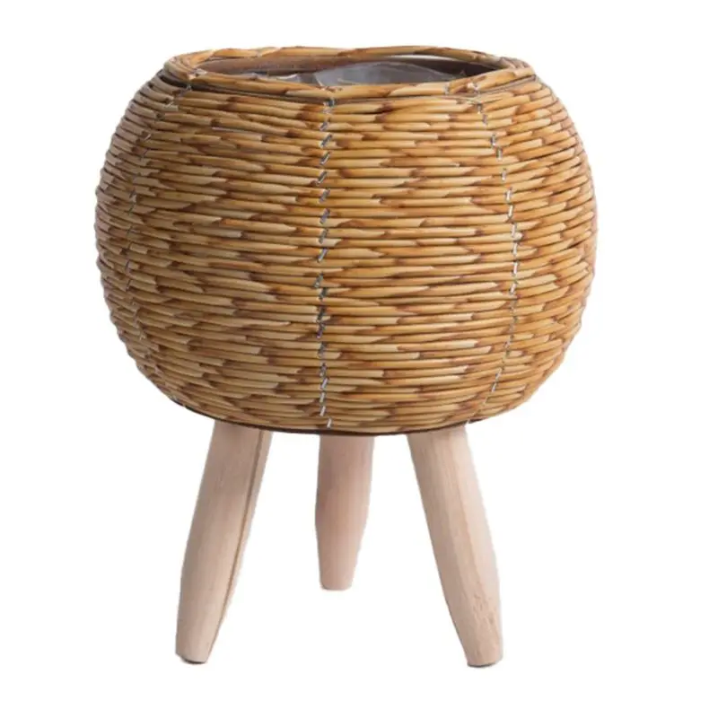 AA05 Vintage Imitation Rattan Woven Flower Shelf Planters Handmade Storage Basket With Wooden Legs Plant Pot Stand Holder Durabl