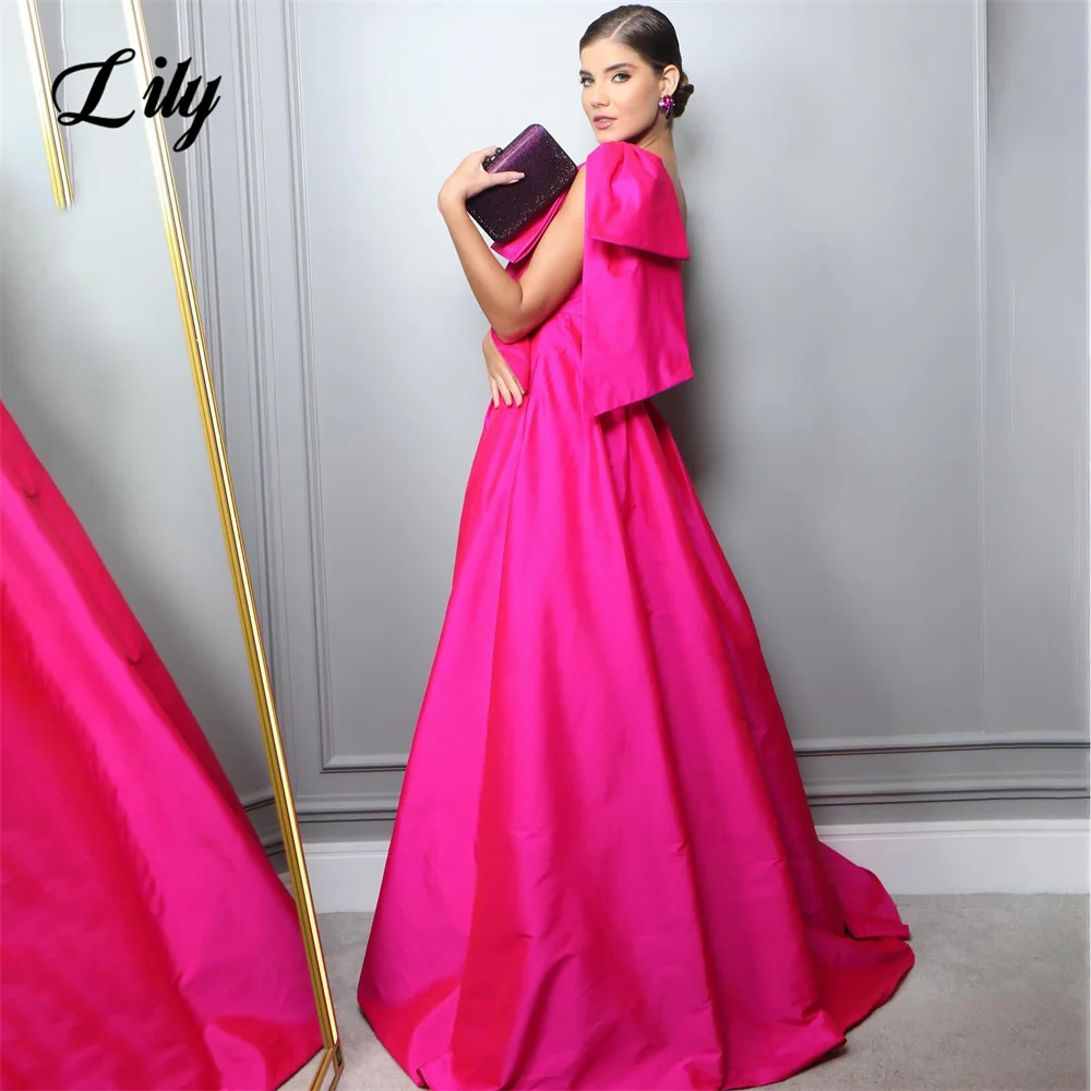 Lily Fuchsia A Line Prom Dress One Shoulder Party Dresses Stain Celebrity Gowns with Bow Wedding Party Dress вечерние платья