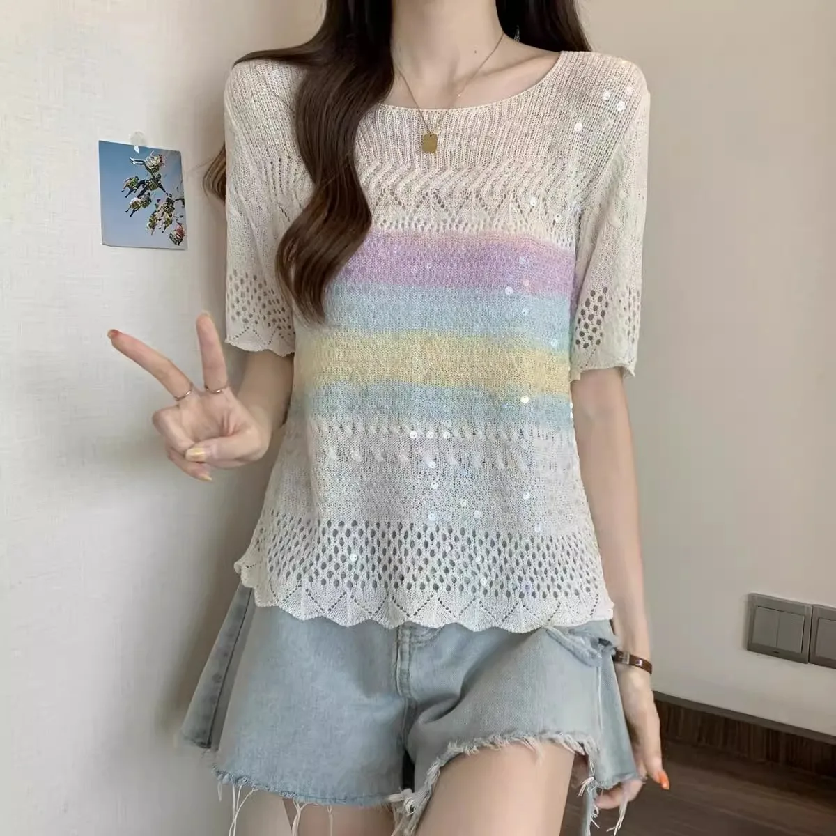 Rainbow Stripes Short Sleeve Ice Silk T-Shirt Summer Hollow out Glitter Sequins Knitted Top Casual Colorful Tees