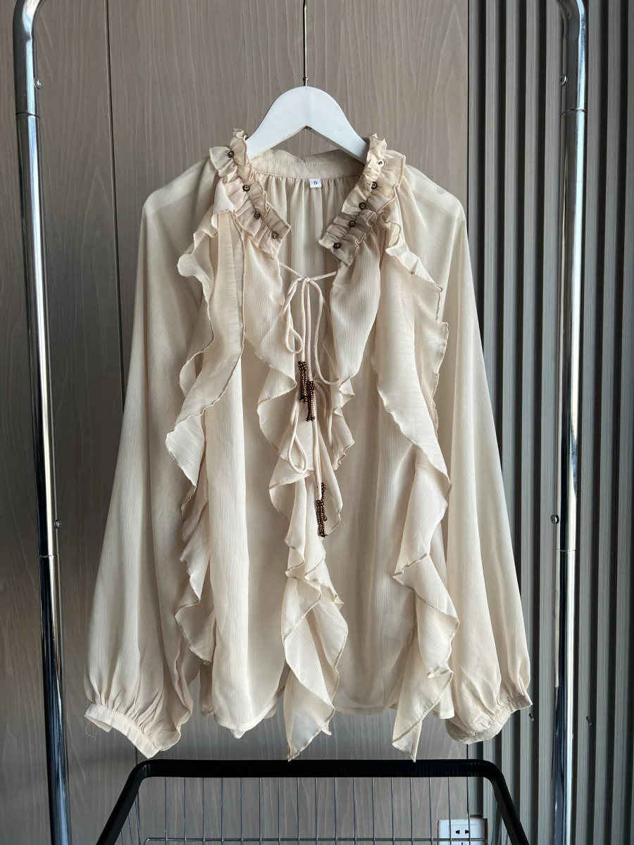 ETJ Spring 2025 New  Women\'s Fashion Translucent fabric beaded rivets decorated V-neck lace ruffled romantic shirt
