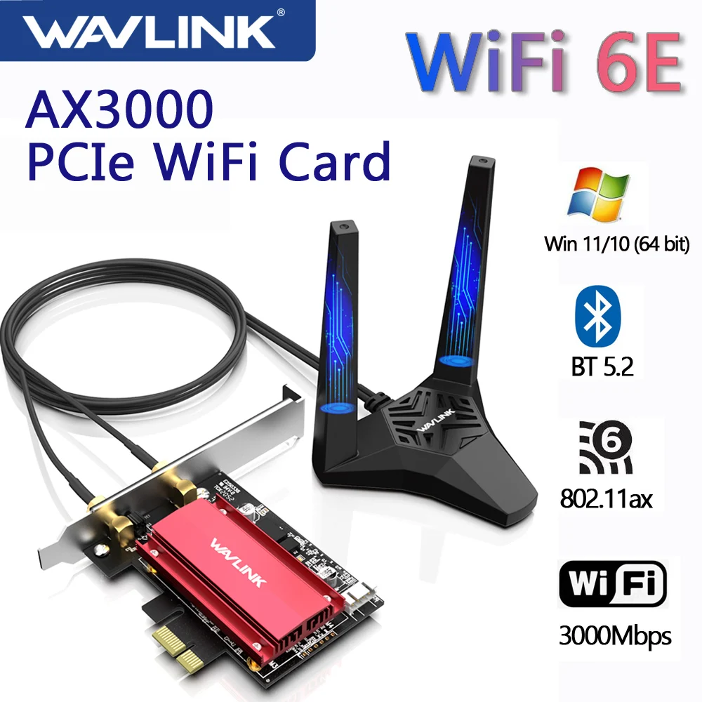 Wavlink-adaptador WiFi AX3000 PCIe, tarjeta de red de tres bandas, Bluetooth 5,2, WiFi 6E, hasta 3000Mbps, para PC de escritorio, Windows 11/10(64