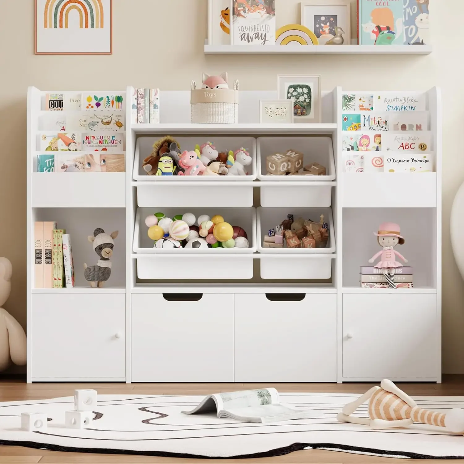 Grande organizador de armazenamento de brinquedos com 4 caixas de brinquedos, organizadores de brinquedos e armazenamento com 6 cubículos de armazenamento e 2 gavetas móveis