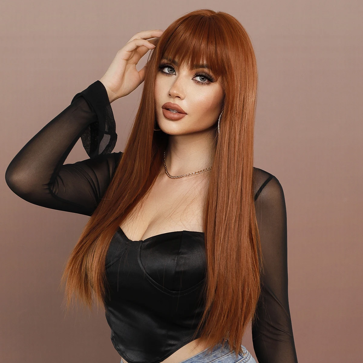 PARK YUN Long Straight Caramel brown Wig for Women Daily Party High Density Synthetic Red Brown Hair Wigs with Bangs Natural