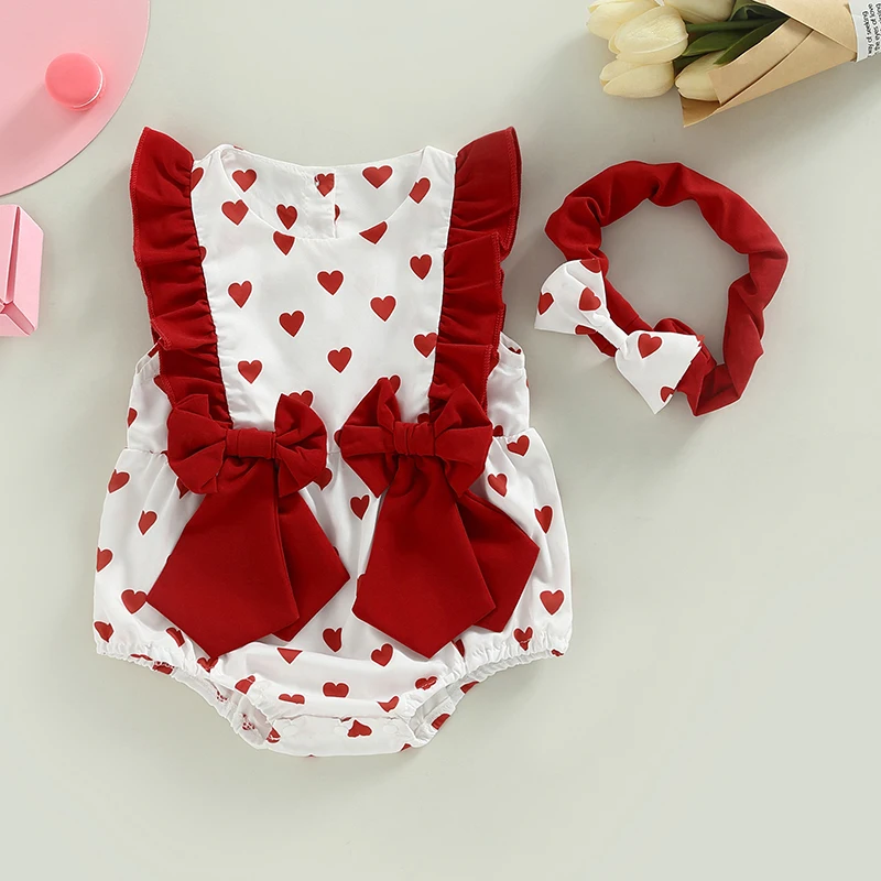 

Valentine’s Day Outfits Baby Girls Romper Sleeveless Bow Front Heart Print Romper with Headband 2PCS Summer Clothes Set