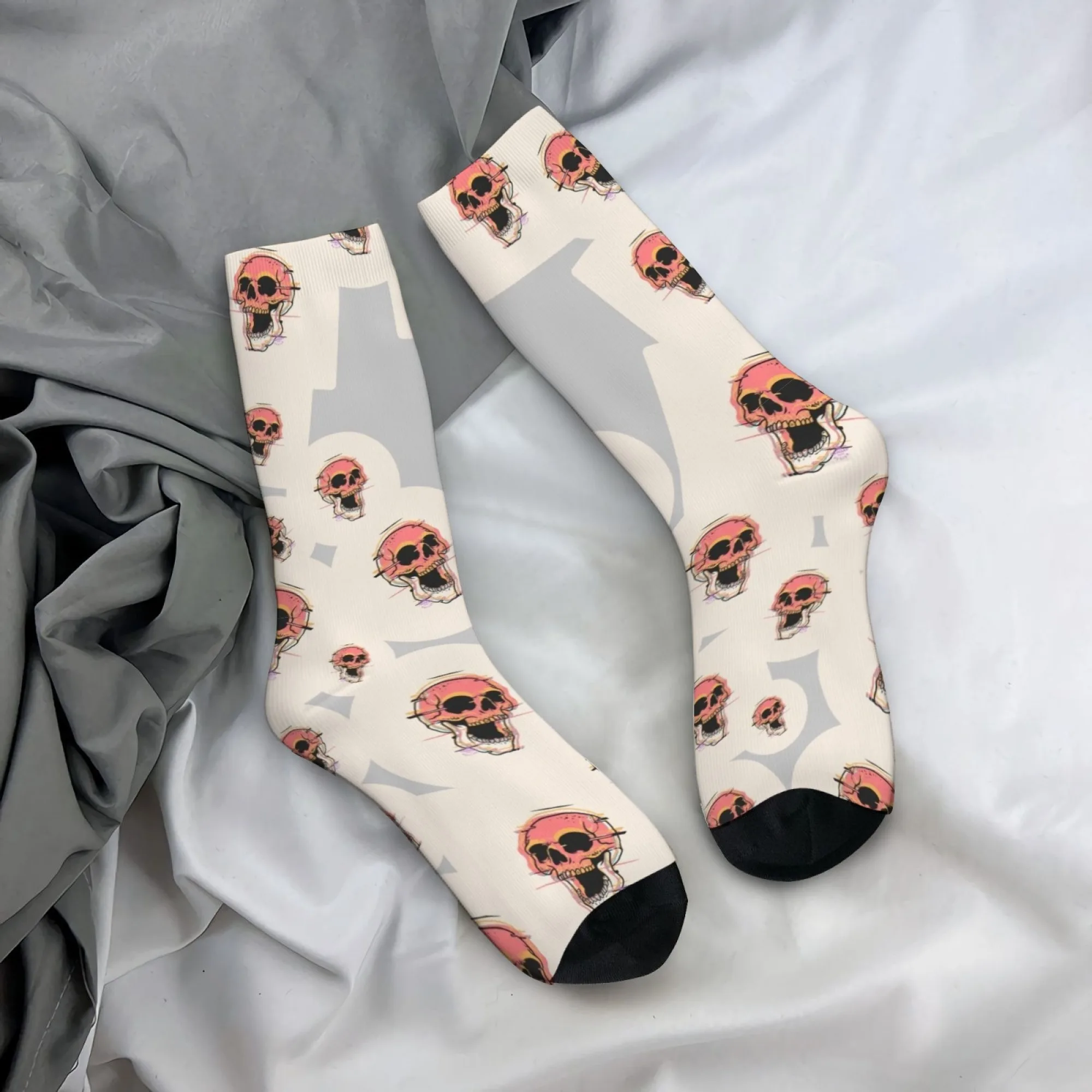 Harajuku Retro-Herrensocken mit rosa und orangefarbenem Totenkopf-Graffiti-Print – Neuartige Street-Style-Freizeitsocken – Verrücktes Party- und Urlaubsgeschenk