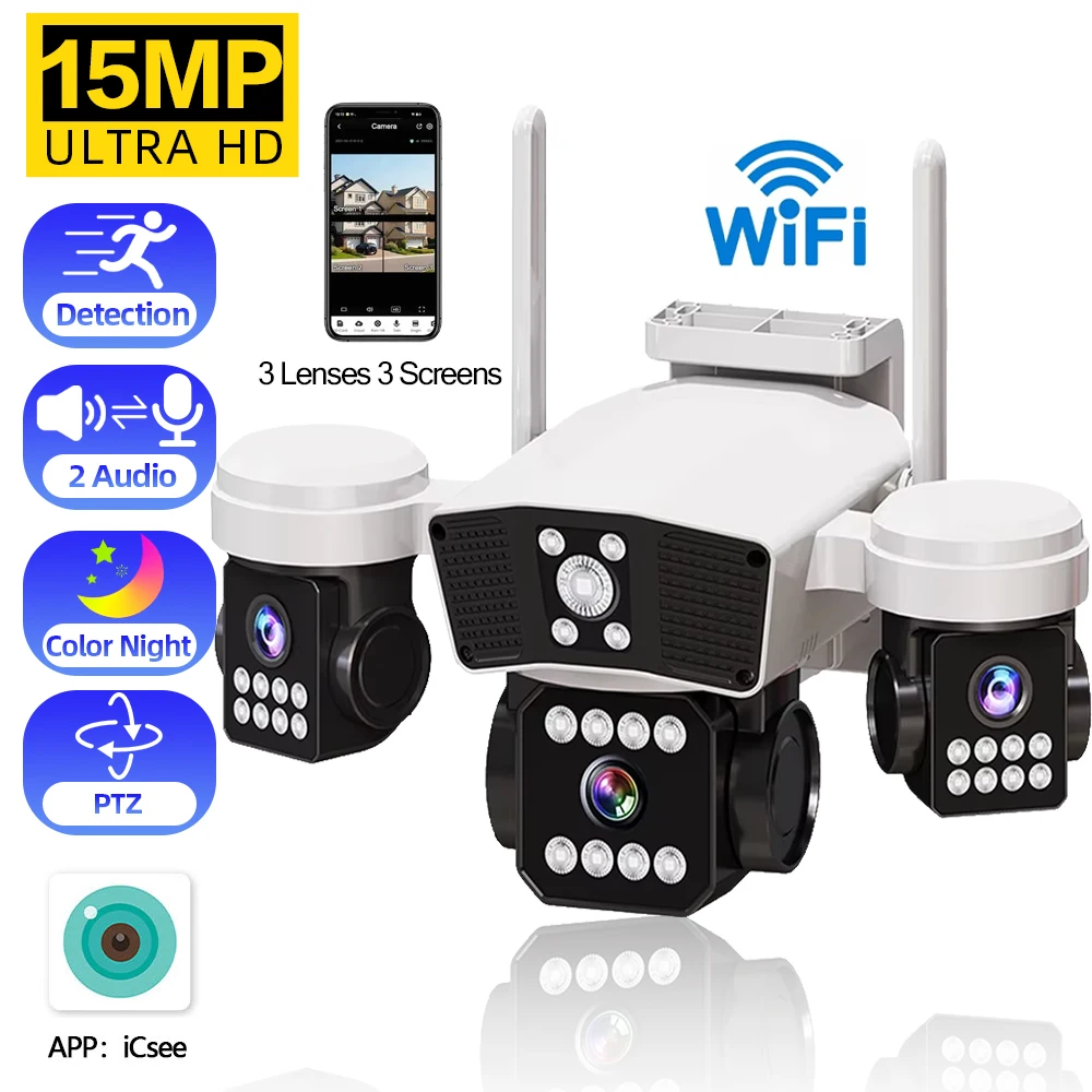

Three Lenses Triple Screens Wifi PTZ Camera Home Waterproof ICsee Xmeye 15MP Outdoor Wireless Cctv Security Full Color IP Camera