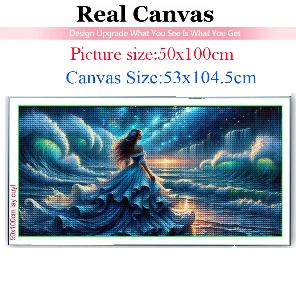 5D Diamond Painting Fantasy Sea Huge Waves Mosaic Rhinestone Long Blue Dress Woman Pictures Large Embroidery Kit Room Decoration