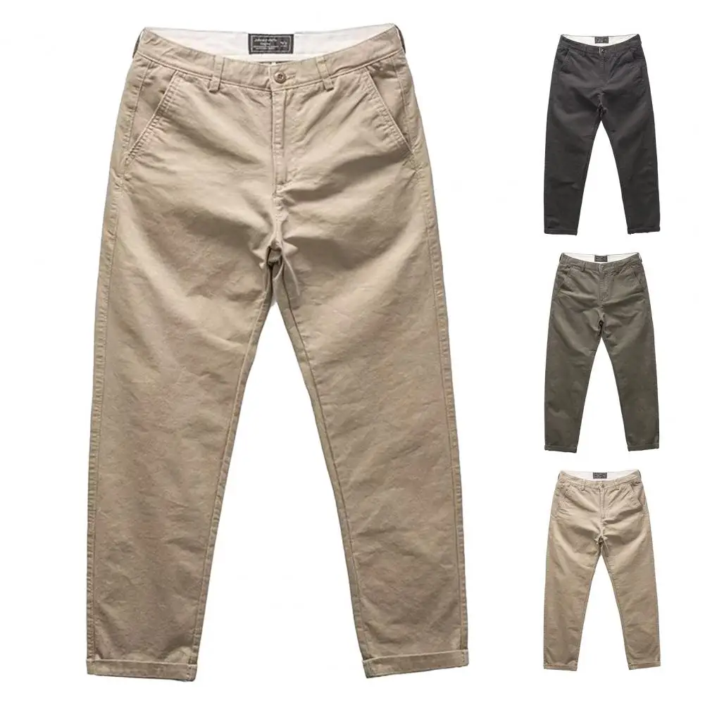 

Men Pants Mid Waist Loose Solid Color Cotton Blend Cargo Trousers Multi Pockets Retro Straight Outdoor Work Wear Male Clothes