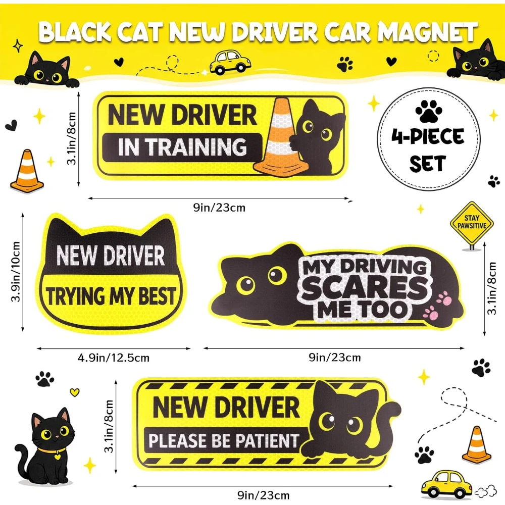 4Pcs Waterproof Reflective Black Cat New Driver Car Magnets Removable Funny Student Driver Stickers Auto Decor