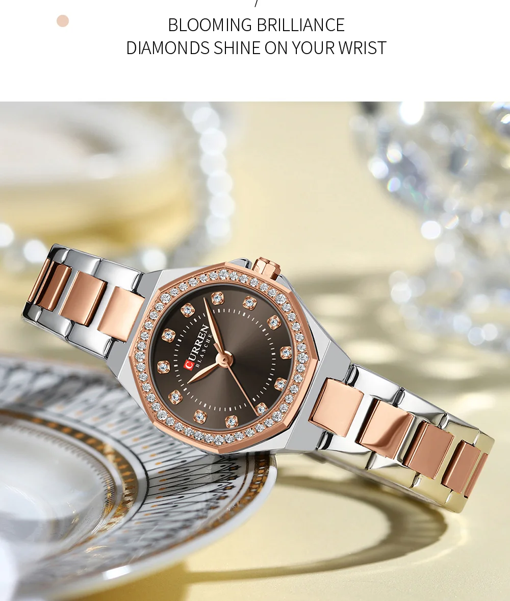 CURREN Modische Damenuhr mit zweifarbigem Edelstahlarmband, Strassbesetzter Lünette, Quarzwerk, Luxuriöses Elegantes Geschenk für Sie – Detail 8