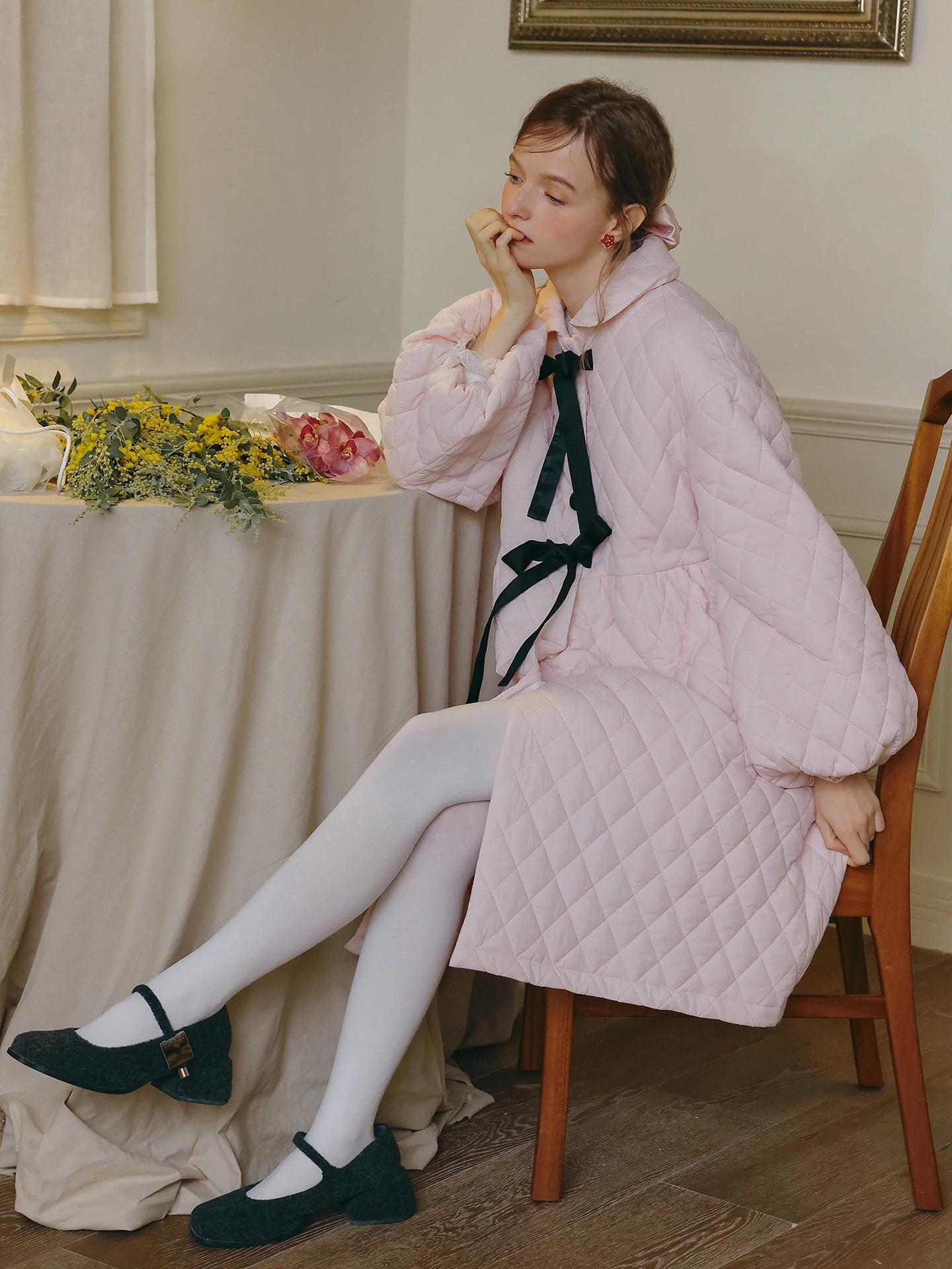 Pink Lantern Sleeve  Knot Loose Cotton Jacket Diamond Grid Pattern Women's Winter Style Retro Commute Coat