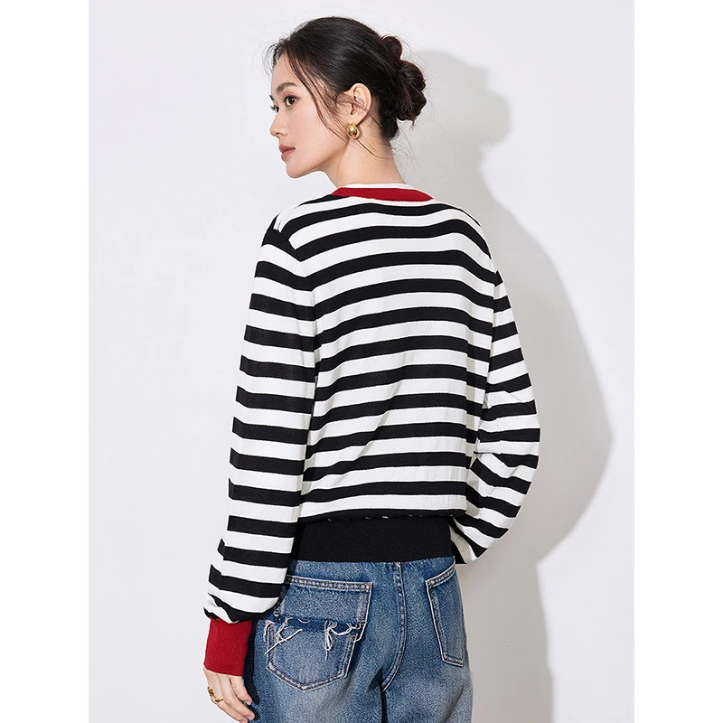 TOYOUTH Women Knitwear 2025 Spring New Round Neck Contrast Striped Single Breasted Button Cardigan Woolen Coat Tops