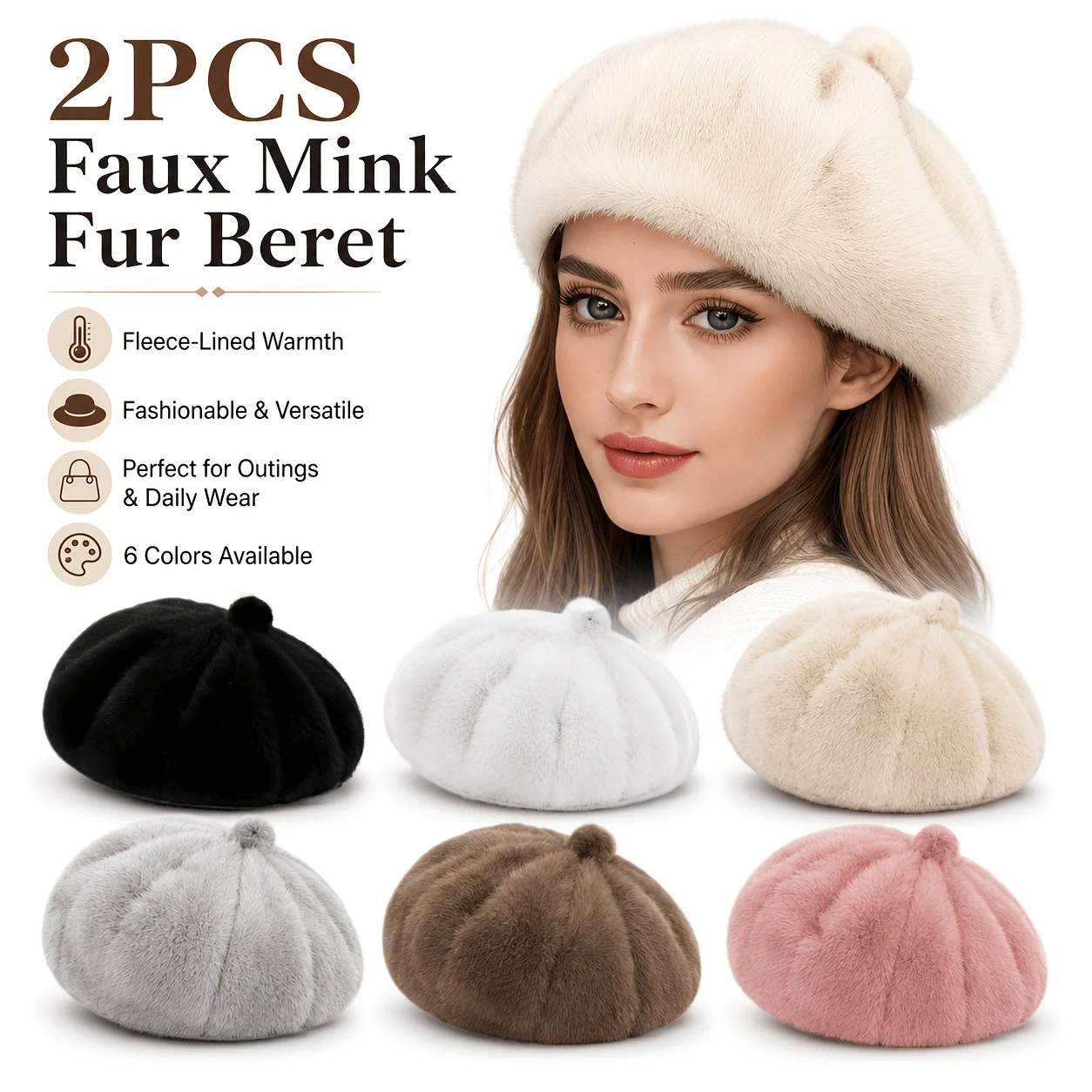 2 Pieces Women's Autumn Winter Beret - Thick Warm Plush Octagonal Pumpkin Hat, Cozy Winter Cap for Christmas