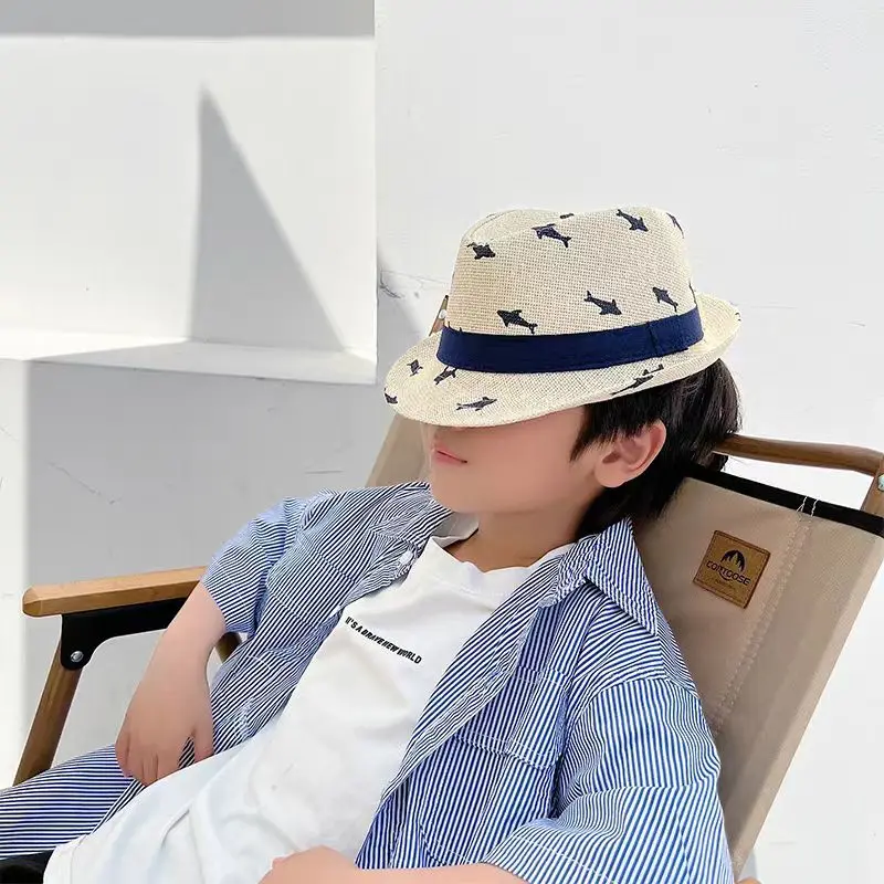 Соломенная шляпа для родителей и детей, песочная пляжная шляпа, детский топпер с мультяшным принтом, летние кепки с кленовым листом, китайский ресторан с принтом, джазовые кепки