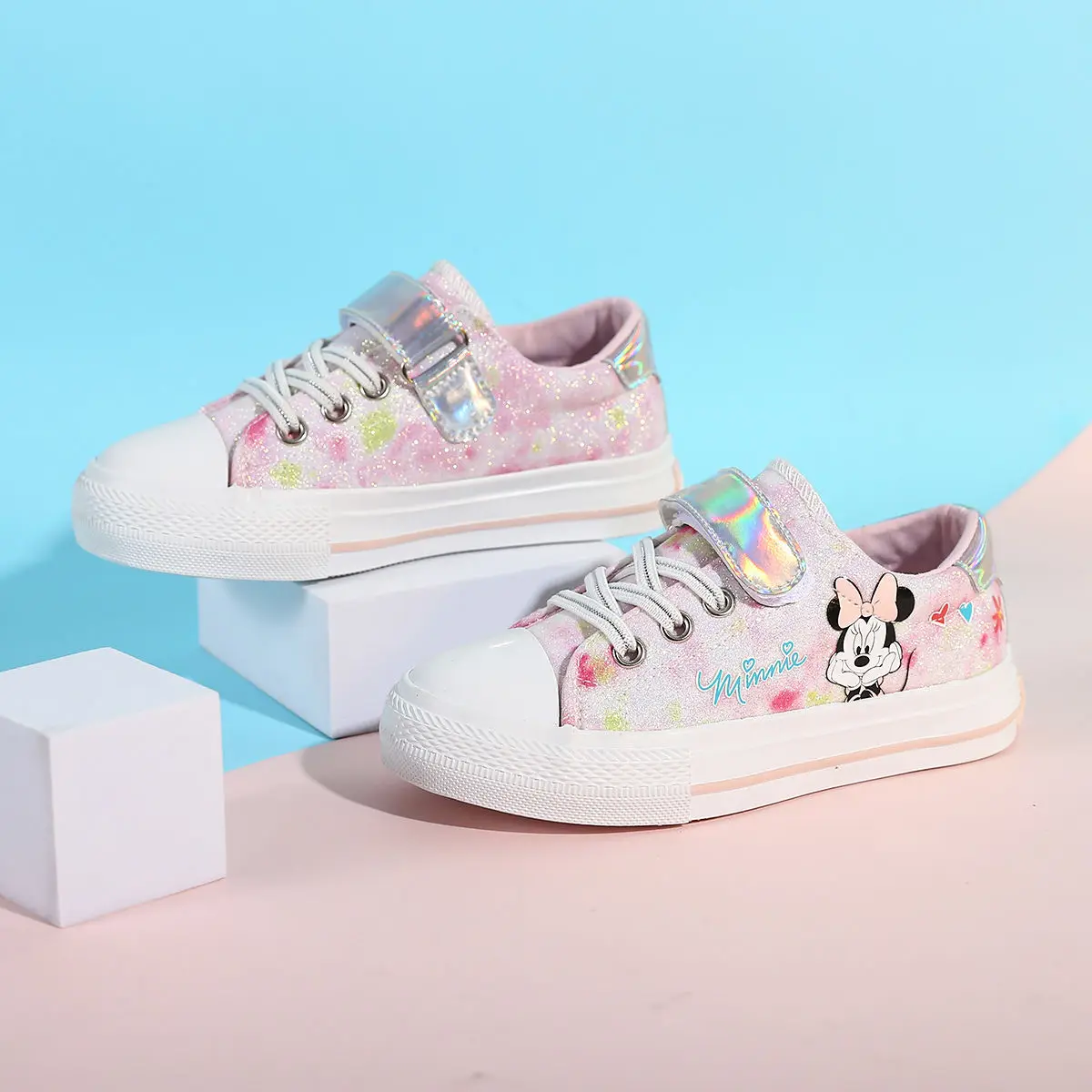 

Cosplay Anime Minnie Mouse Canvas Shoes Cute Cartoon Children's Sneaker Shoes Students Velcro Adult White Casual Walking Shoes