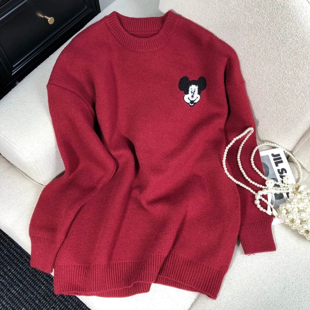 2024 Autumn and Winter Tide Brand Fashion Versatile Cartoon Flocking Jacquard Loose Knitted Sweater Round Neck Long Sleeve Tops