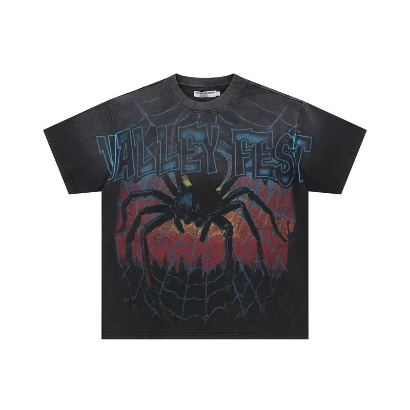 

Black Vale Vintage Short Sleeves Heavy Fabric American Streetwear VALLEY Spider Web Print Oversized T Shirt Tops Tees